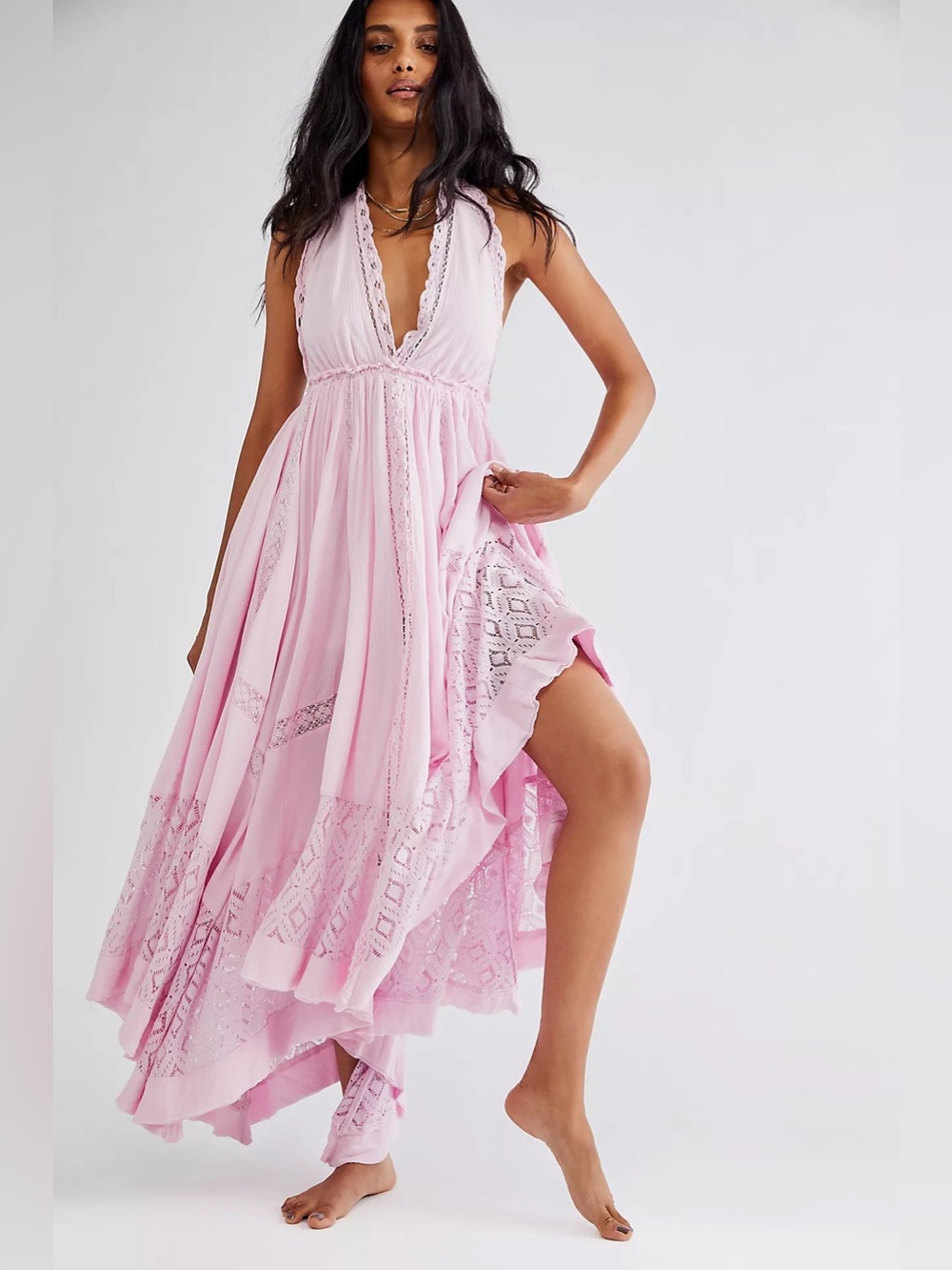 Free People Norina Maxi Dress Size Small Pink Halter Maxi Dress with Lace Insets